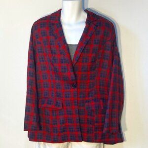 Say What SZ 1X Navy & Red Plaid Longline Oversized Blazer office casual academia